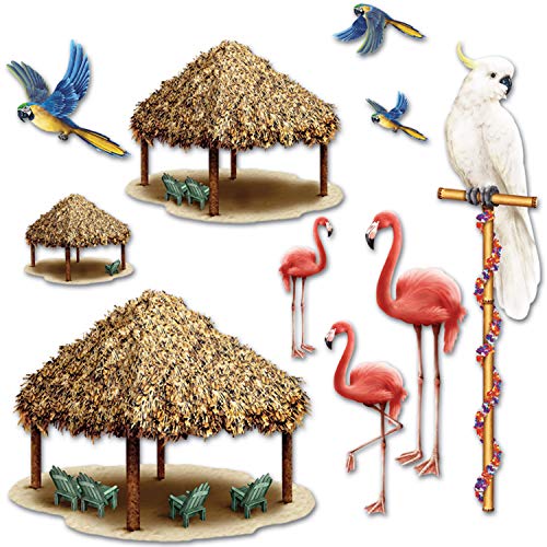 Beistle Tiki Hut and Tropical Bird Photo Props 10 Piece Luau Decorations, 8" - 50", Multicolored