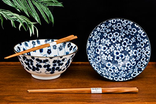 FMC Fuji Merchandise Quality Japanese Rice or Noodle Bowls 6" Diameter Multi Purpose Tayo Bowl Set of 2 with Chopsticks Gift Set Imported From Japan (Nippon Blue Sakura)