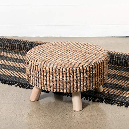 Park Hill Collection EFS06172 Woven Recycled Stool, 24-inch Diameter, Leather and Hemp