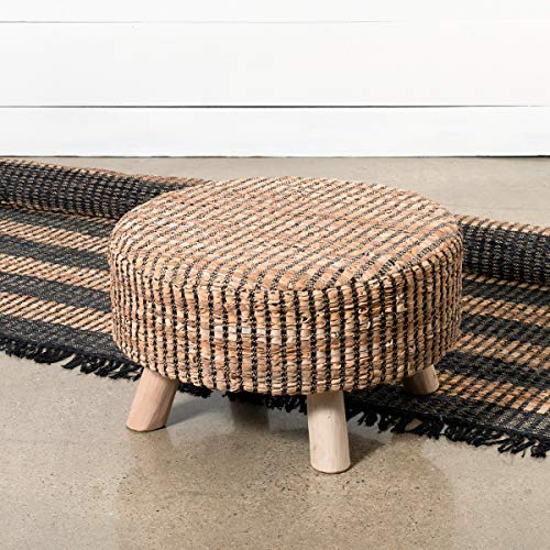 Park Hill Collection EFS06172 Woven Recycled Stool, 24-inch Diameter, Leather and Hemp