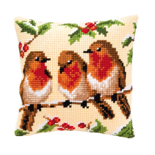 Vervaco Cross Stitch Embroidery Kits Pillow Front for Self-Embroidery with Embroidery Pattern on 100% Cotton and Embroidery Thread, 15,75 x 15,75 Inches - 40 x 40 cm, Three Birds