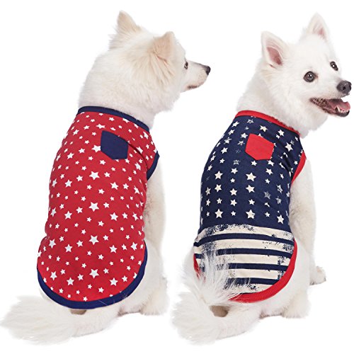Blueberry Pet Pack of 2 Soft & Comfy Patriotic Spirit USA Stars Stripes American Flag Cotton Blend Dog T Shirts, Back Length 10", Clothes for Dogs