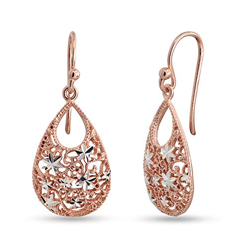 LeCalla Sterling Silver Jewelry Turkish Tear-Drop Rose-Gold Plated Diamond-Cut Earrings for Girl Teen Women
