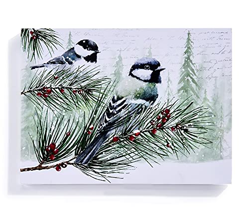 Giftcraft 682372 Christmas LED Canvas Print, Chickadees and Pine Boughs, 0.59 inch, Medium Density Fiberboard and Canvas