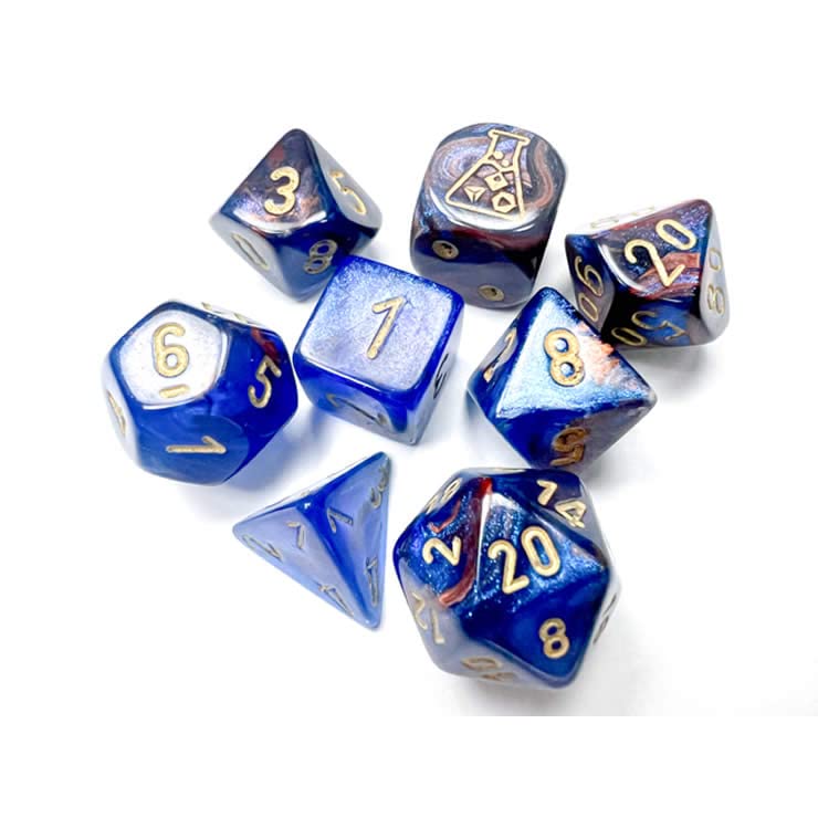 Azurite Lustrous Dice with Gold Numbers 7+1 Dice Set 16mm (5/8in) Chessex