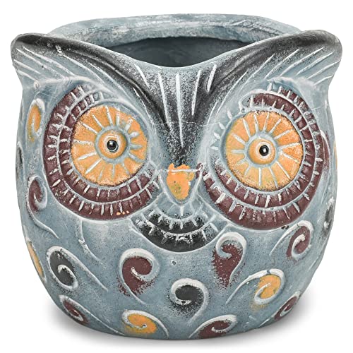 Napco Owl Distressed Finish Grey, Maroon, and Orange 4.5 Inch Ceramic Flower Pot Planter 4.5 x 2.75 x 2.75 Inch