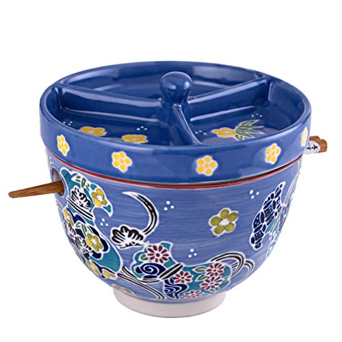 FMC Fuji Merchandise Mira Design Japanese Design Quality Ceramic Ramen Udong Soba Tempura Noodle Bowl with Chopsticks and Condiment Lid 6 Inch Diameter (Blue Batik)