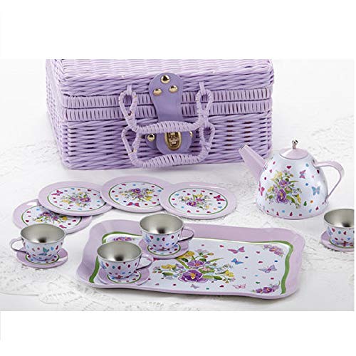 Delton Children's Tin Tea Set in Basket, 15 Pcs, Pansy