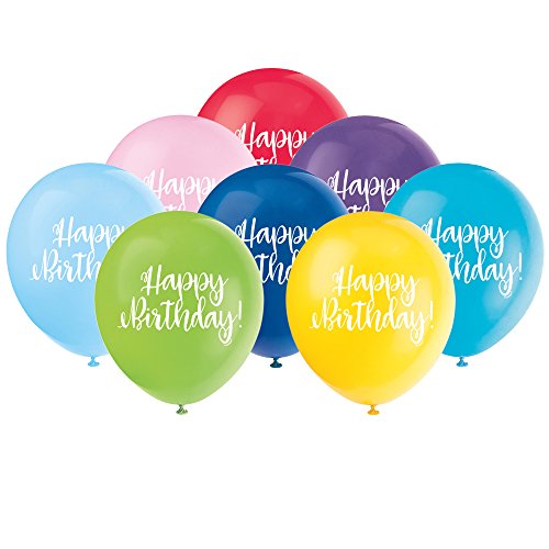 Unique Industries Assorted Color Script Birthday Latex Balloons, 8 Ct.