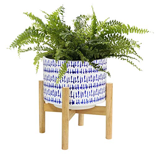 La Jol√≠e Muse Blue Planter with Stand - 7.3 Inch Retro Round Decorative Flower Pot Indoor with Wood Planter Holder, Blue and White, Home Decor Gift