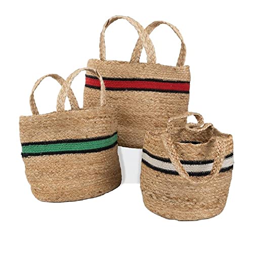 Blossom Bucket Bold Stripped Jute Containers, Set of 3, Natural/Red, Natural/Green and Natural/White, 12-inch Height