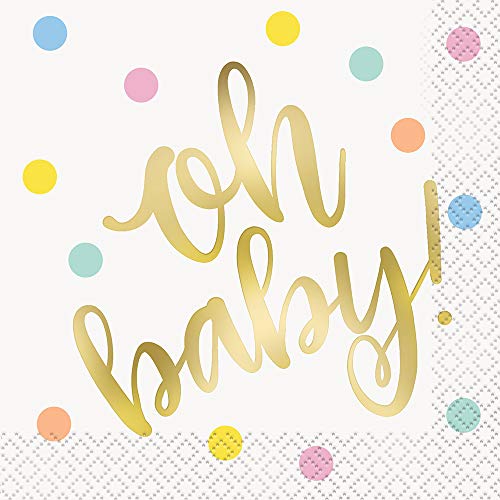 Unique Industries 73401 Gold Foil"Oh Baby" Baby Shower Beverage Napkins, 16 Count