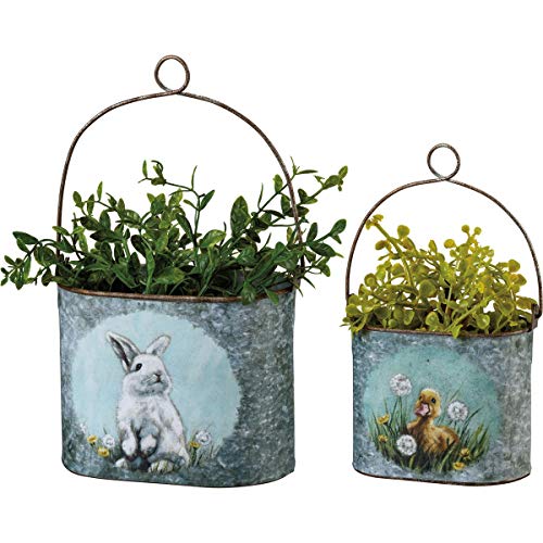 Primitives by Kathy, 105440, Bunny and Duck Bucket with Metal Handle/Hanger, Easter, Set of 2