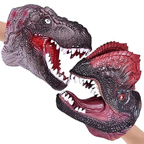 FUN LITTLE TOYS Dinosaur Hand Puppets Toys, Tyrannosaurus Rex VS Dilophosaurus Dino Hand Puppet for Kids, Soft Rubber Animal with Movable Mouth, Christmas Birthday Party Supply Gifts