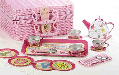 Delton Products Tin 19 Pieces Tea Set in Basket Pink Love Serveware,10 x 8