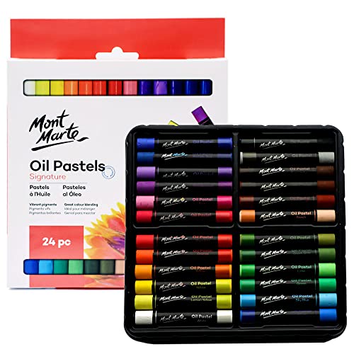 Mont Marte Oil Pastels Signature 24pc, 24 Assorted Colors, Vibrant Oil Pastel Set, Great Blending and Layering, Ideal for Art, Craft, Coloring and Sketching