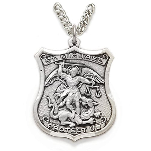 True Faith Jewelry Sterling Silver St Michael Pendant Patron Saint Medal Necklace, Religious Jewelry, Customizable Engraving Included, 1 1/4-inch