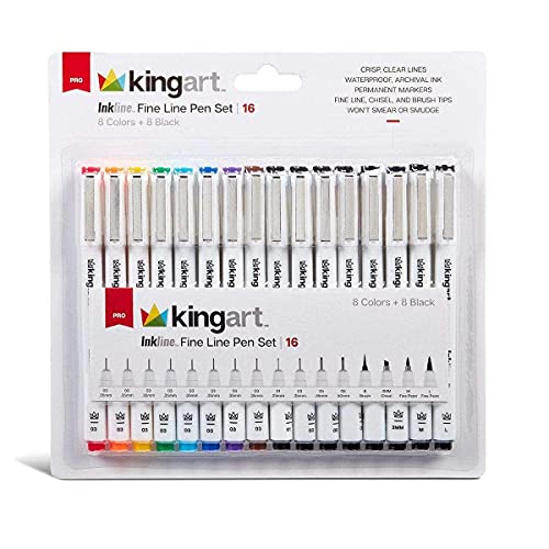 KingArt PRO Inkline Fine Line Pen Set (Mixed Point Sizes and Brush Tips) -Set of 16, Colors may vary & Black 16 Piece