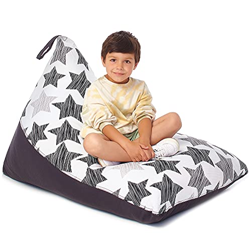 Malinad 5 STARS UNITED Stuffed Animal Storage Bean Bag - Cover Only - Large Triangle Beanbag Chair for Kids - 150+ Plush Toys Holder - Floor Pillows Organizer for Girls - 100% Cotton Canvas - Hatch Stars