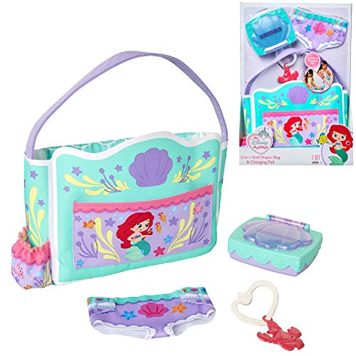 JAKKS Pacific My Disney Nursery Baby Doll Accessories, Ariel Transforming 2-in-1 Diaper Bag & Changing Pad for Dolls Inspired by Disney The Little Mermaid! Pretend Wipes Toy Container, Diaper Clip with Charm