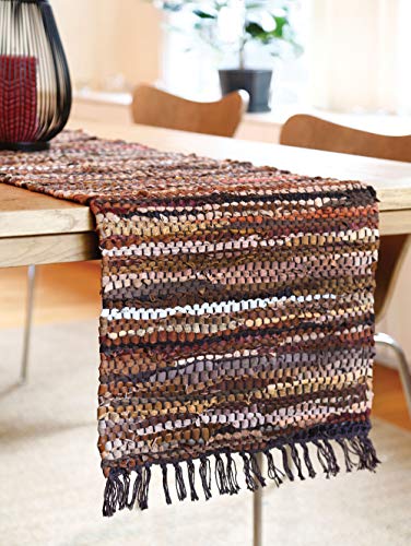 Larry Traverso Tucson Leather Table Runner, 13 x 39 inches, Handwoven Recycled Leather and Soft Cotton, Brown