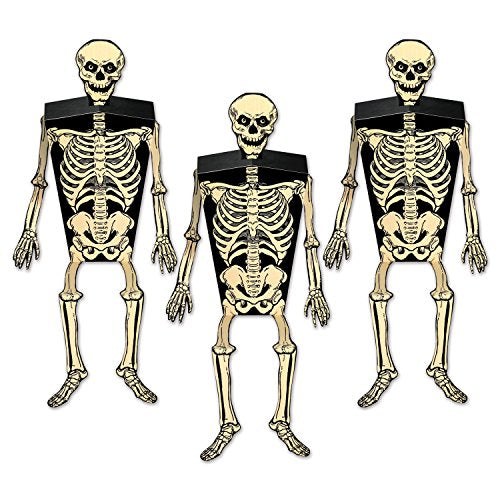 Beistle 3 Piece Skeleton Favor Boxes for Vintage Halloween Party Supplies, 2" x 6.25", Multicolored