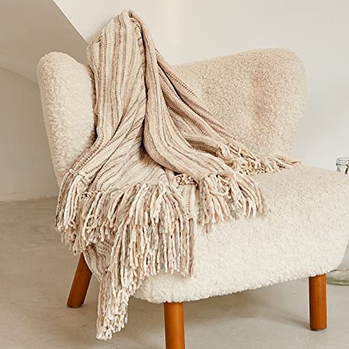 La Jol√≠e Muse Woven Throw Blanket Gift for Women with Delicate Package - Soft Cream White and Gray Striped Woven Chenille Throw Blanket with Tassels for Couch Bedroom, 50 ‚Äö√†√∂‚àö‚â• 60 Inch