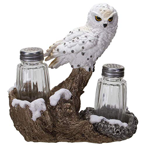 Pacific Trading Giftware Snowy Owl Perching On Tree Branch Spiritual Realistic Decorative Glass Salt and Pepper Shakers Set with Resin Holder