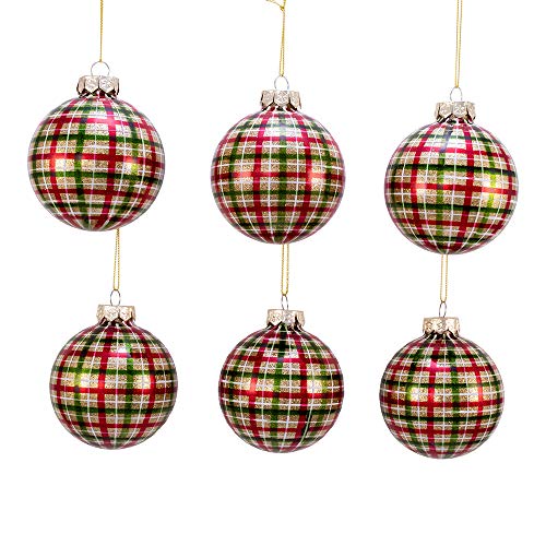 Kurt Adler Kurt S. Adler 80MM Red and Green Plaid Glass Ball, 6 Piece Box Ornament, Gold, White