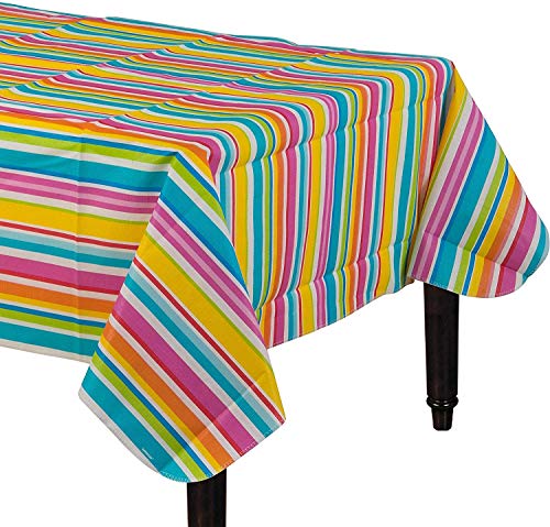 Amscan Multi Stripe Border Flannel-Backed Vinyl Table Covers - 52" x 90", 1 Pc.
