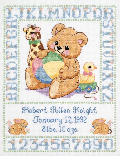 Design Works Crafts Janlynn C5589 Bear Birth Sampler Stamped Cross Stitch Kit-11"X14"