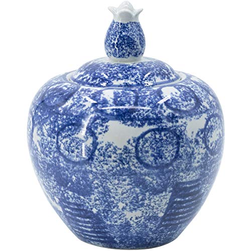 A&B Home Blue and White Porcelain Lidded Jar - Modern Abstract Patterns on Traditional Vase, Short Fat Jar, Home D‚àö¬©cor Accent,