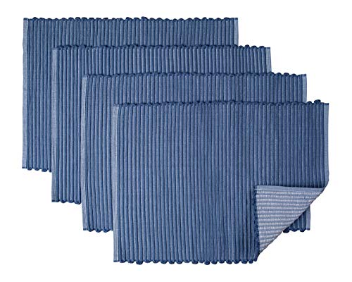 Sticky Toffee Placemat Set 100% Cotton for Kitchen or Dining Table, Basic Ribbed Reversible Large Place Mats, Set of 4 Cloth Placemats, Oeko-Tex Cotton, 14 in x 19 in, Blue