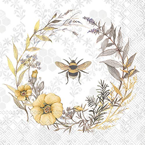 Boston International IHR 3-Ply Lunch Paper Napkins, 6.5 x 6.5-Inches, Bee Wildflower Wreath