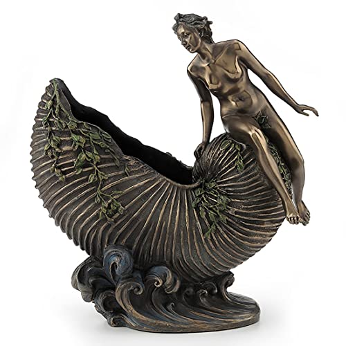 Veronese Design 9 5/8 Art Nouveau Nude Ldy Sitting On Nautilus Shell Container Resin Sculpture Bronze Finish