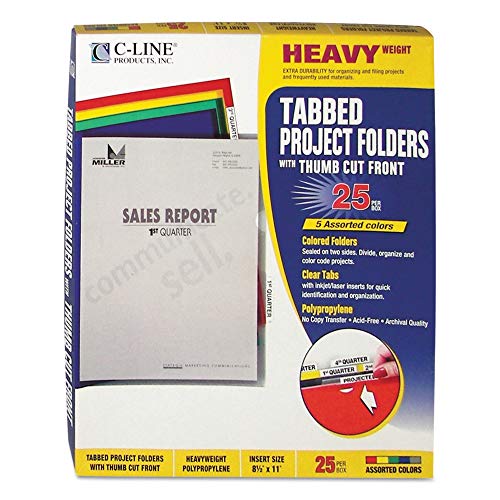 C-Line Colored Project Folders with Index Tabs, Heavyweight Poly, Holds Materials up to 8.5 x 11 Inches, Assorted Colors, 25 per Box (62140)