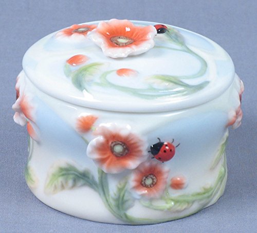 Unicorn Studio US 2.25 Inch Poppy and Ladybug Motif Glazed Porcelain Trinket Box