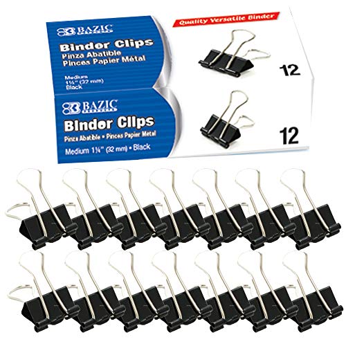 BAZIC Binder Clips Medium 1 1/4" (32mm) Black, Paper Clamps Paper Clip, Paperclips for Office School Supplies Home Kitchen (12/Pack), 1-Pack