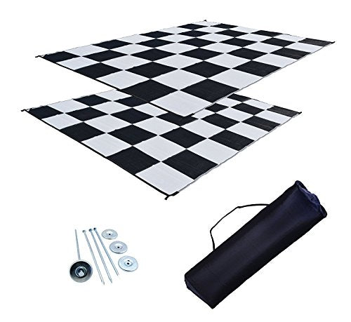 EZ Travel Distribution Professional EZ Travel Collection Reversible RV Outdoor Rug for Backyards, Beaches, Camping Grounds, Patios, and More, Storage Bag and Mat Stakes Included, Black/White/Checker (9x18)