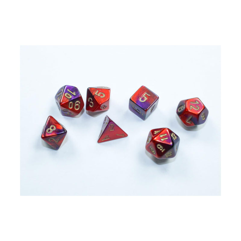 Purple and Red Gemini Mini Dice with Gold Colored Numbers 10mm (3/8in) Set of 7 Chessex