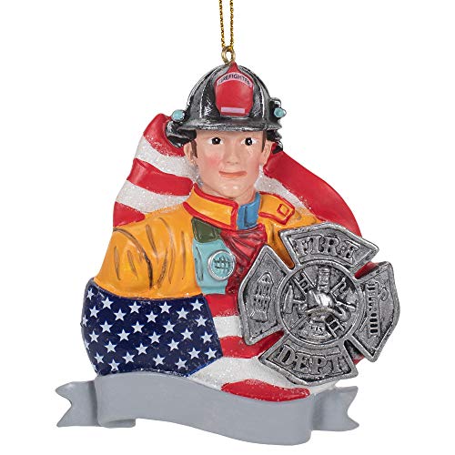 Kurt Adler D3908 Firefighter with Flag and Badge Ornament for Personalization, 4-inch High, Resin