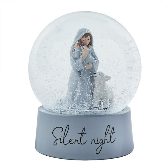 Blossom Bucket Mary Cradling Baby Jesus with Sheep Snow Globe