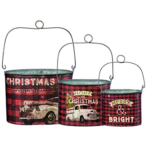 Primitives By Kathy Tin Metal Paper Christmas Bucket Set Home Decor