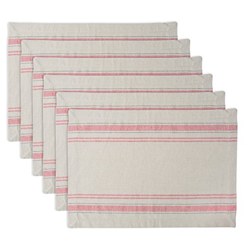 DII Design French Stripe Tabletop Collection Farmhouse Style Placemat Set, 13x19, Taupe/Red, 6 Piece