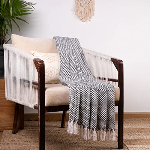 Bzaar Quintessential Textiles Handwoven 100% Cotton Throw Blanket with Fringes for Couch, Bed & Sofa, 50 x 60 Inch, Gray