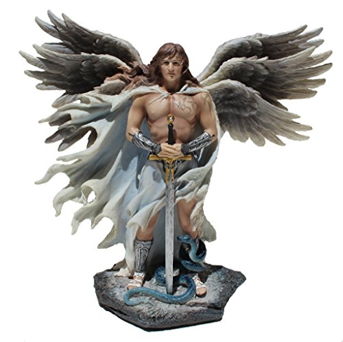 Unicorn Studio Religious Gifts Six Winged Guardian Angel with Sword and Serpent 11 Inch Light Color Stone Gothic Statue