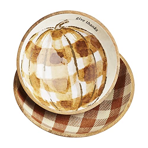 Mud Pie Nessted Check Pumpkin Bowl Set, small 4" x 12" dia | large 4" x 14" dia, Orange