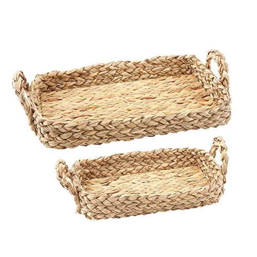 Mud Pie Woven Basket Tray Set, small 8.5" x 15"; large 11.5" x 20", Water Hyacinth