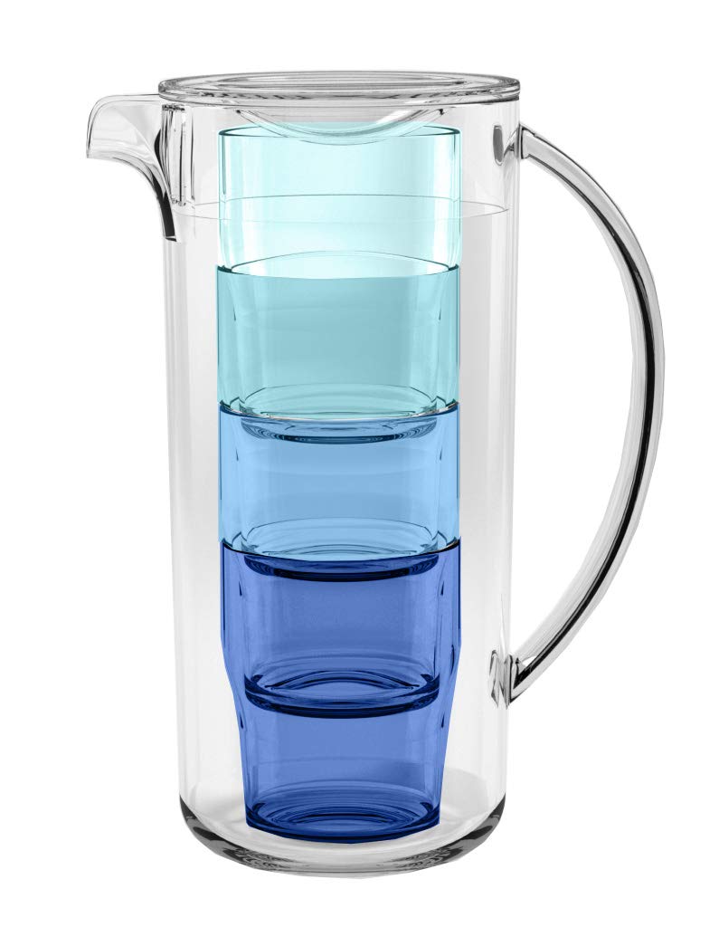 TarHong Simple Stacked Nested Pitcher Set with 4 Assorted Color Glasses, 91 oz, Premium Plastic, 5 Piece Set
