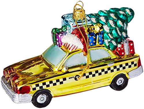 Kurt Adler NYC Checker Taxi with Tree Glass Ornament, 5.35-Inch